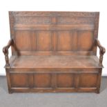 Old reproduction oak settle,