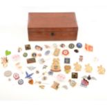 Mahogany box containing badges and pins, NSPCC, Commemorative, RAF, Rowell Fair 2007 badges