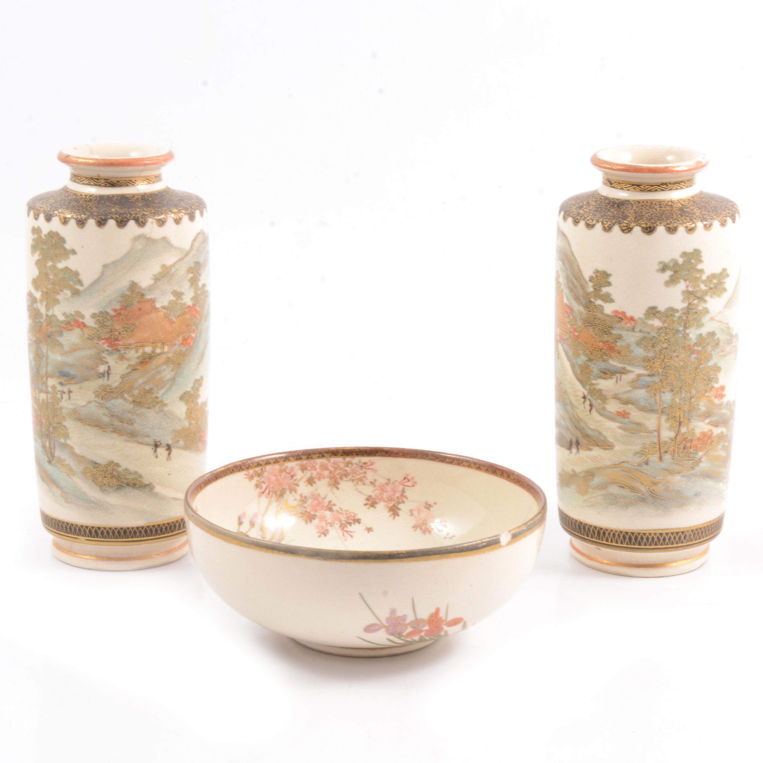 Pair of Japanese Satsuma vases and a small bowl.