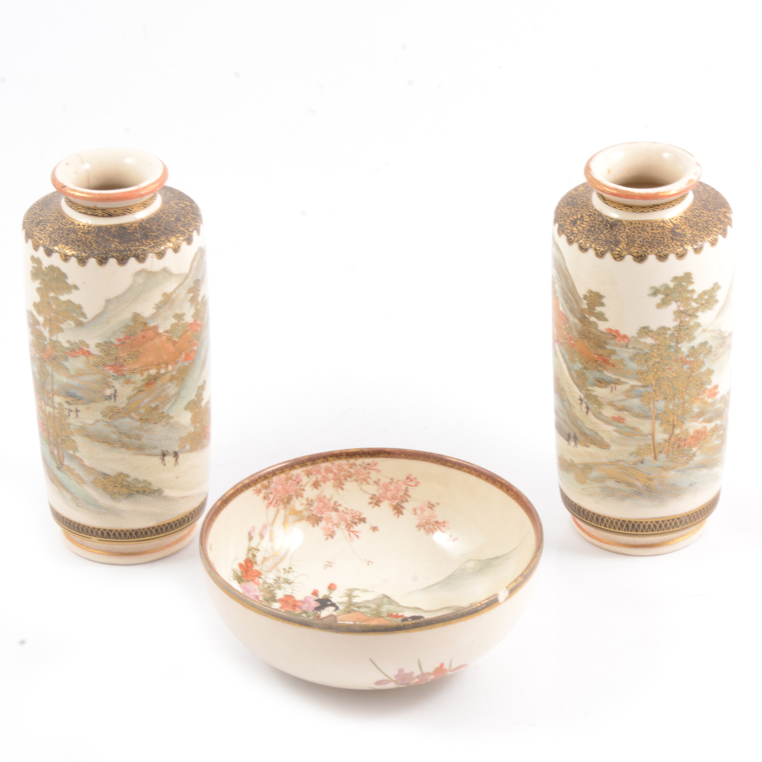 Pair of Japanese Satsuma vases and a small bowl. - Image 2 of 5