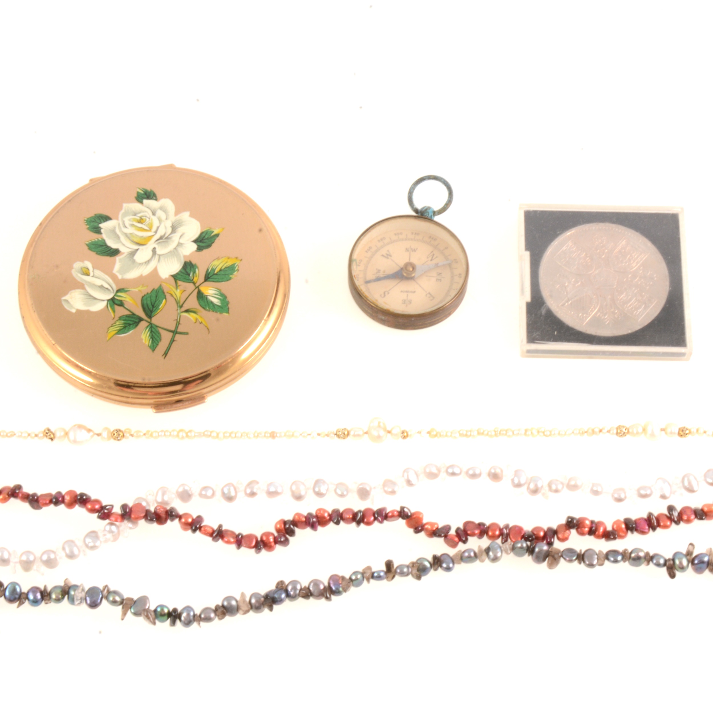 Pearl necklaces, powder compact, compass, Coronation Crown