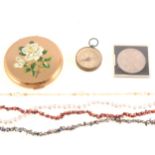 Pearl necklaces, powder compact, compass, Coronation Crown