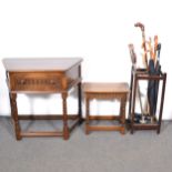 Reproduction oak side table, stool, stick stand and sticks