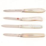 Four mother-of-pearl and silver folding fruit knives.