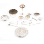 Silver-plated spill vase, salts, trivet and other plated wares.