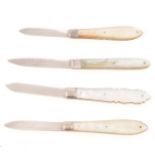 Four mother-of-pearl and silver folding fruit knives.
