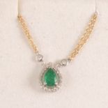 Effy - A pear shaped emerald and diamond cluster pendant.