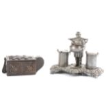 Scandinavian carved treen box and a dairyman pewter cruet.