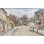 English School - Village street, watercolour; other watercolours and prints.