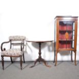 Edwardian mahogany china cabinet, Victorian elbow chair and an occasional table