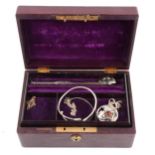 Jewel box, almandine brooch and silver jewellery.