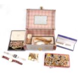 Vintage vanity case with costume jewellery and Waterman boxed pen, Accurist watch.