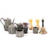 Britannia metal teaset, Mary Gregory style vases, and other metal, ceramic and wooden items.