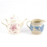 Leeds creamware teapot and Castleford type blue glaze jug.