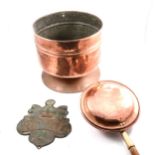 Copper coal bucket, warming pan, plated teaset and other plated wares.
