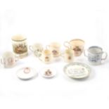 Creamware harvest mug, Victorian and later royal commemorative cups and plates.