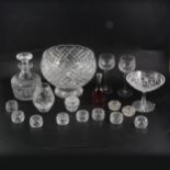 Waterford crystal pedestal rose bowl, Webb Corbett mallet-shape decanter and other glassware.