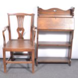 Edwardian oak secretaire and an oak and ask elbow chair