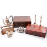 Mahogany writing slope, a musical cigarette modern oriental chess set, plated ware.