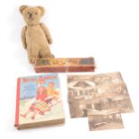 Chad Valley Teddy Bear, 1925 purchased on C.P.S. Montcalm with six postcards of the ship, dominoes,