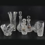 Large crystal 'Fuchsia' pattern vase, Tyrone Crystal decanter, and other cut glass tableware.