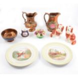Victorian copper lustre jugs and pedestal bowl, and other decorative ceramics,