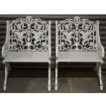 Cast metal garden bench, Coalbrookdale style, three similar chairs and a circular table