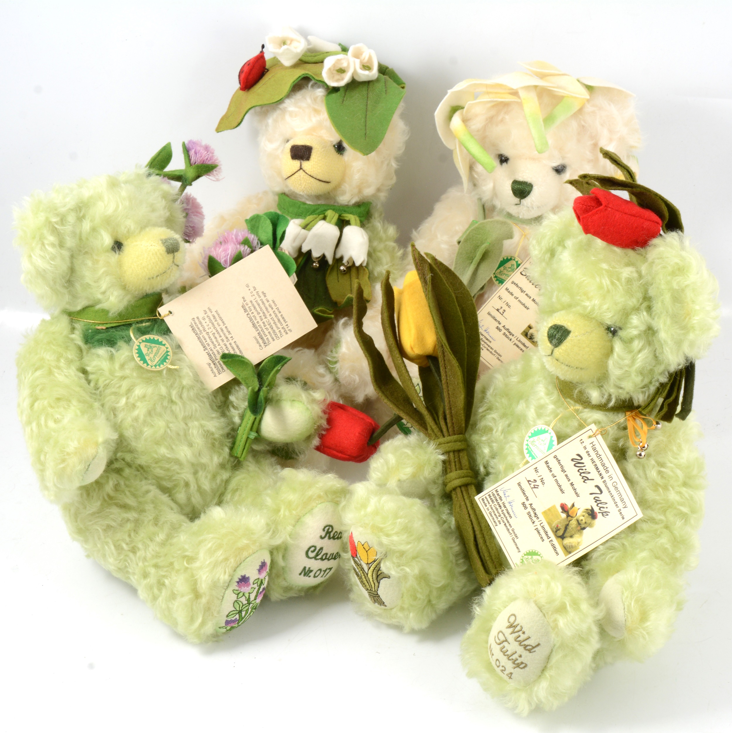 Hermann-Spielwaren Flower series mohair teddy bears, fifteen.