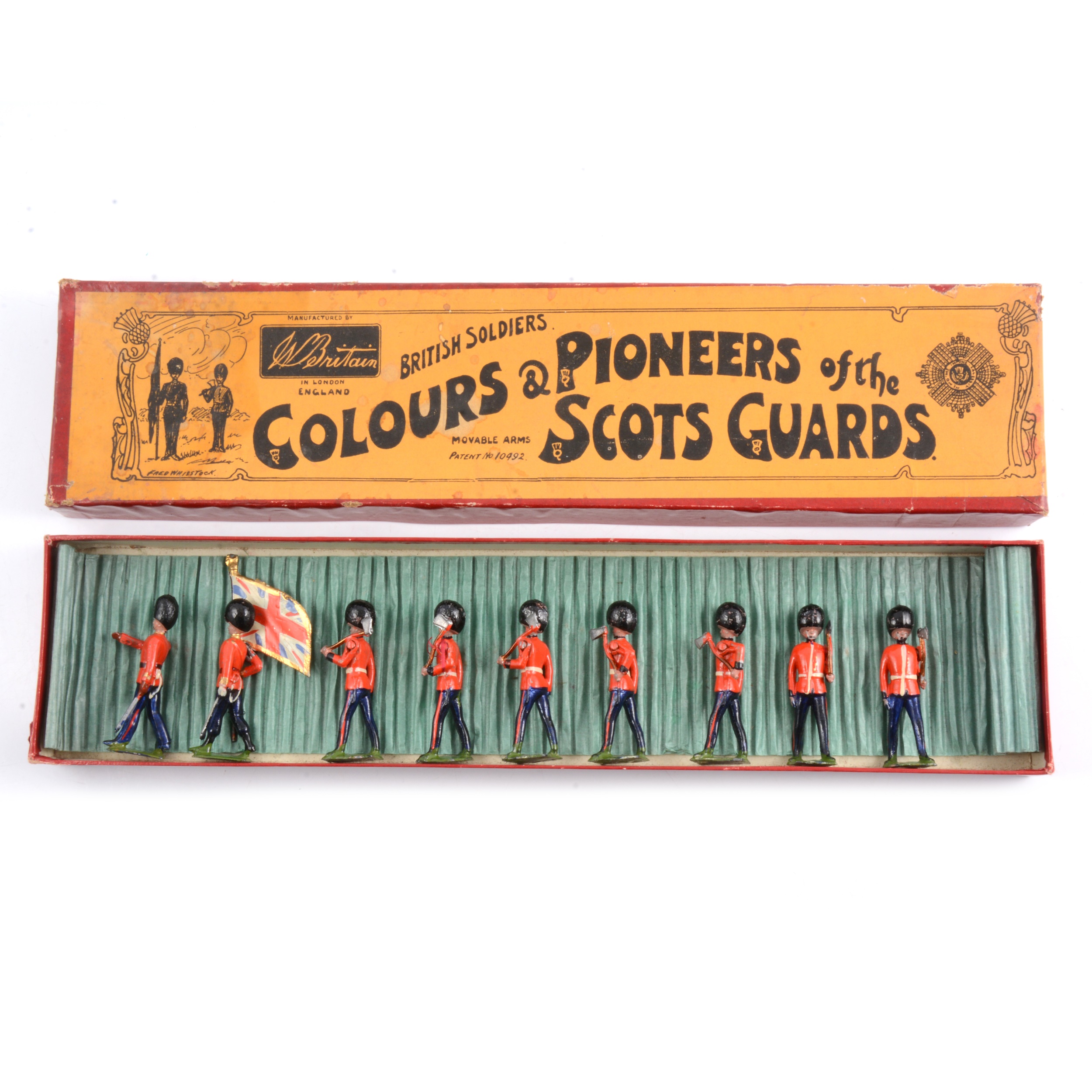 Britains painted lead figures set, Colours & Pioneers of the Scots Guards set no.82