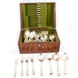 Part canteen of silver-plate cutlery in mahogany case, and loose plated cutlery.