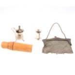 Silver chain mail dance purse, cream jug, bookmark, cologne flask Cairo, pencils.