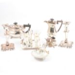 Silver-plated teasets, thistle cruet, eggcup and spoon set, and other plated wares.