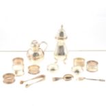 Silver shaker, Elkington & Co Ltd, Birmingham 1905, and other small silver items.