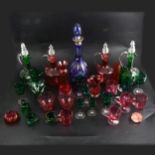 Collection of blue, green and cranberry glass, including decanter with silver collar, some damages.
