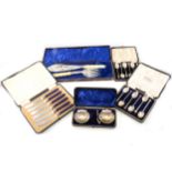 Pair of silver shell salts, William Henry Leather, Birmingham 1900, and other cased silver and