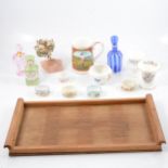 Box of decorative ceramic vases and bottles, and a wooden tray