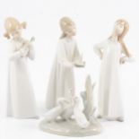 Three Lladro figures and a Nao group of geese.