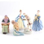 Five Royal Doulton and Royal Worcester figurines.
