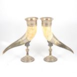 Pair of horn cups with silver plated mounts and stands by WMF