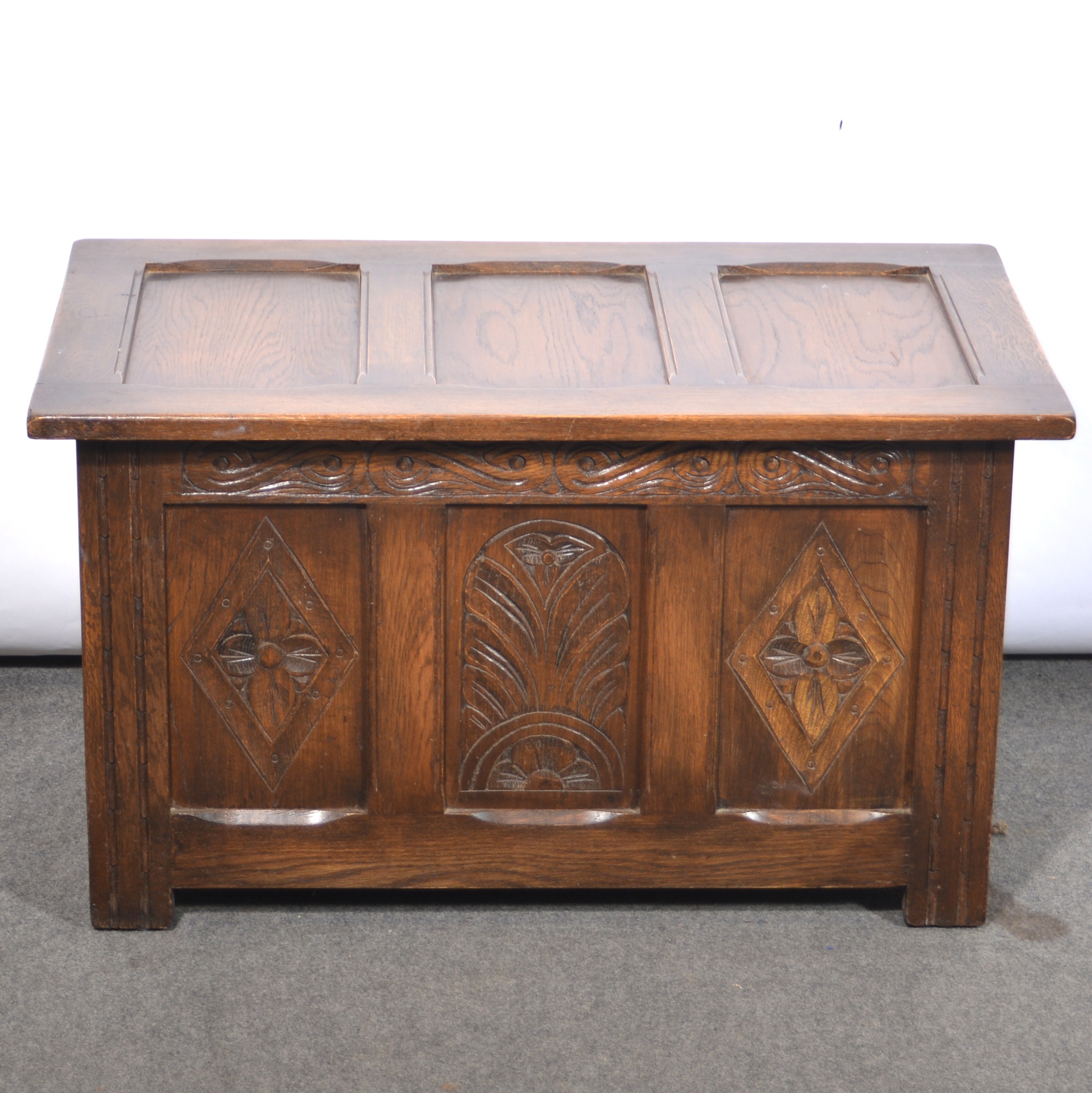 Reproduction oak cocktail cabinet, corner cupboard and blanket box and bureau, - Image 5 of 5