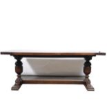 Large oak refectory table with eight chairs, contemporary upholstery