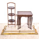 Brass fender, folding cake stand and a nest of three tables