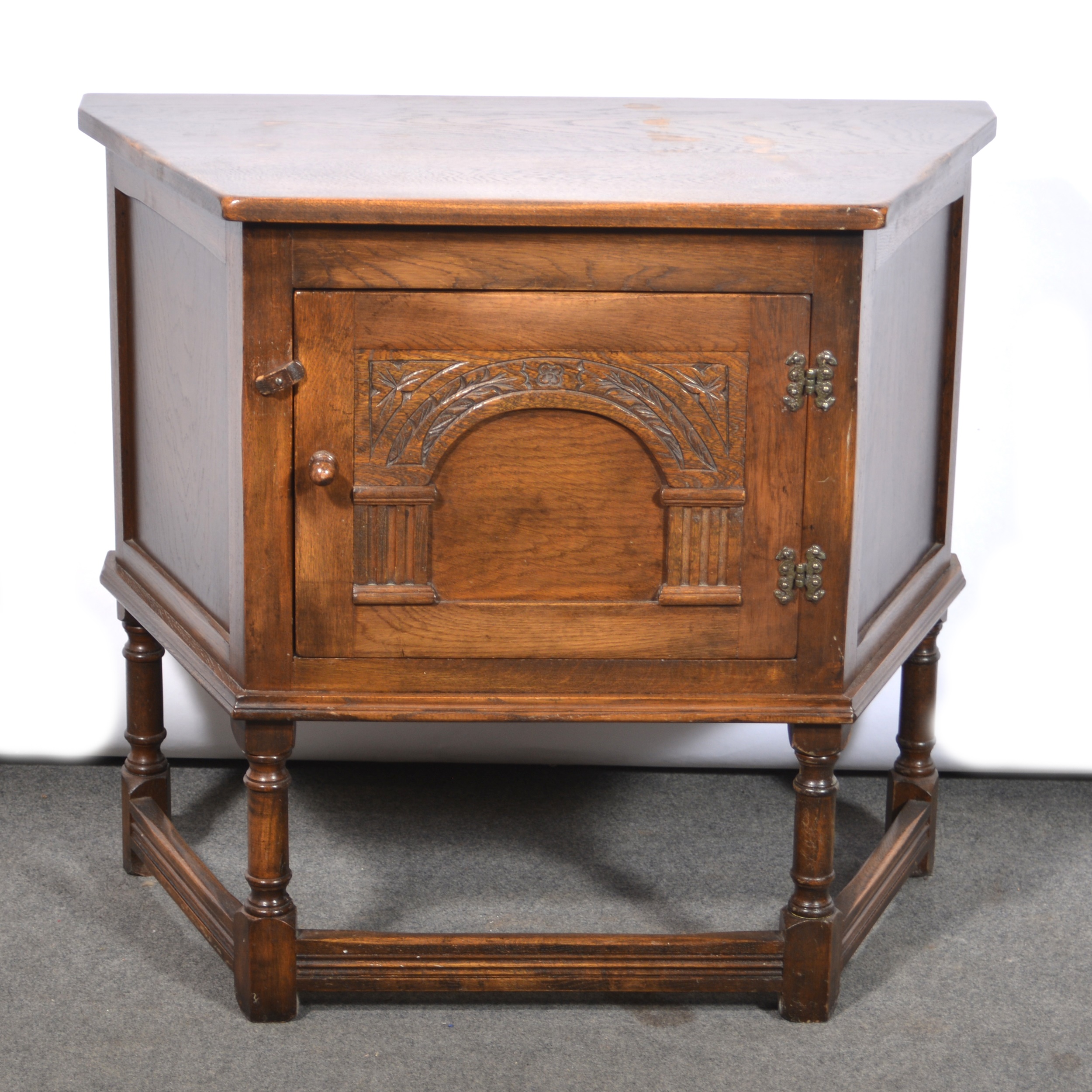 Small stained oak credence cupboard, and three reproduction oak occasional tables