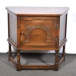 Small stained oak credence cupboard, and three reproduction oak occasional tables