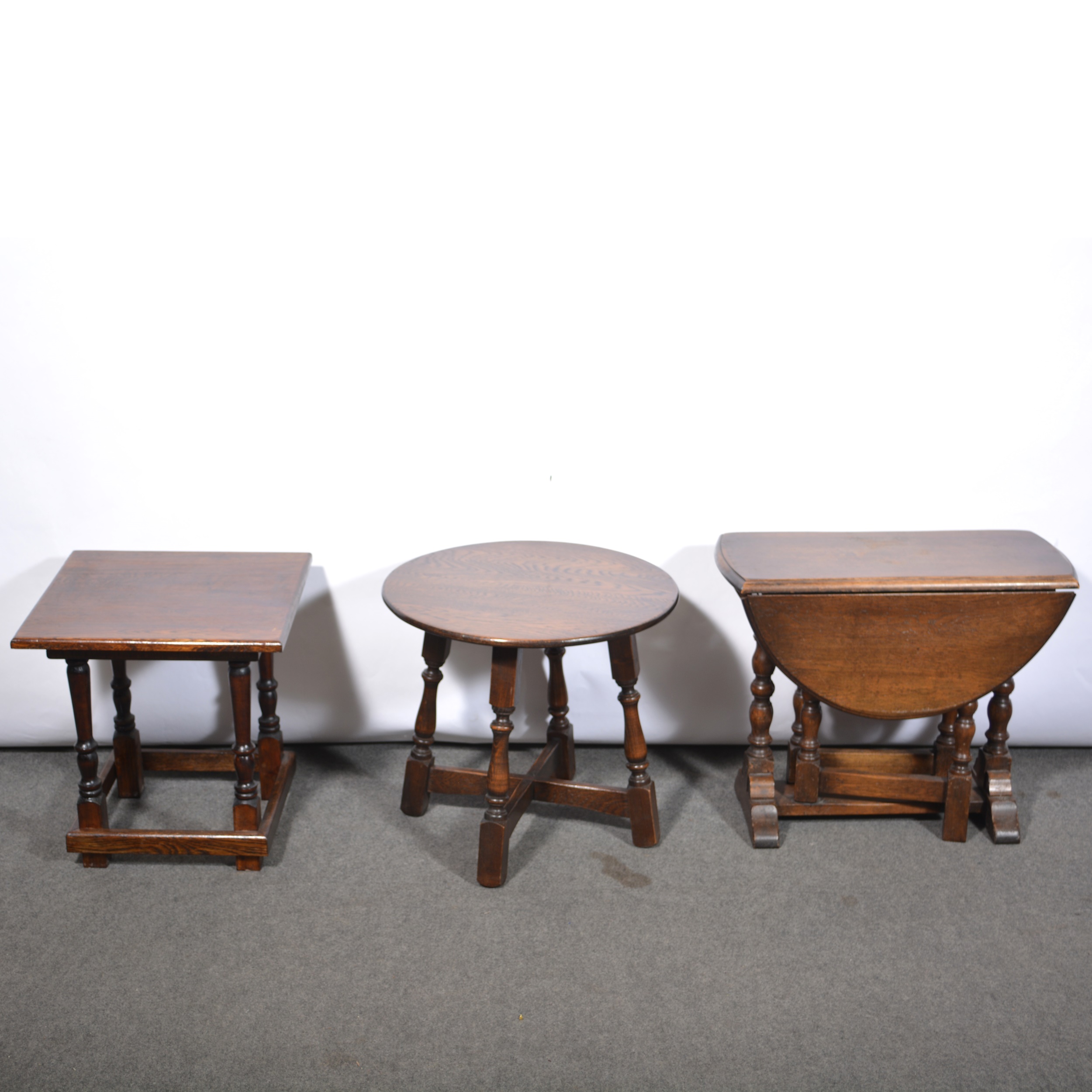 Small stained oak credence cupboard, and three reproduction oak occasional tables - Image 2 of 2