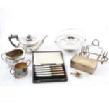 Four piece silver-plated teaset and other plated wares.