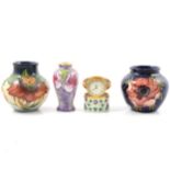 Moorcroft Anna Lily and Anemone vases, enamel miniature Fuchsia vase and Florida Star box clock,