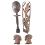 African and far eastern wooden figures; two large figures and a pair of heads