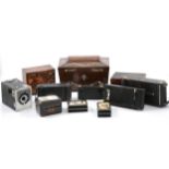 Japanese parquetry miniature chest, lacquered box, and other wooden items and cameras.