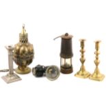 Gothic style brass censer, and other metalware.